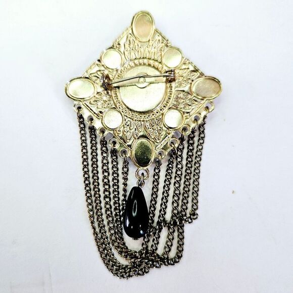 Vintage Victorian Revival Gold Tone Faux Onyx Cabochon Dangle Festoon Brooch Pin - Picture 7 of 9